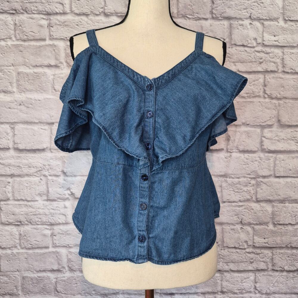 Venus Chambray Ruffle Top Dark Wash Cold Shoulder Cami Button Down Blouse Sz 10 - Picture 3 of 10